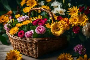 ein Korb gefüllt mit bunt Blumen auf ein hölzern Tisch. KI-generiert foto