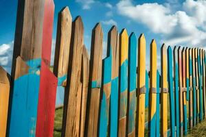 ein bunt Zaun mit gemalt Holz auf Es. KI-generiert foto