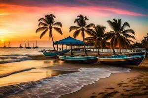 zwei Boote auf das Strand beim Sonnenuntergang mit Palme Bäume. KI-generiert foto