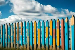 ein bunt Zaun mit Blau Himmel und Wolken im das Hintergrund. KI-generiert foto