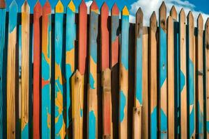 ein bunt Zaun mit gemalt Holz. KI-generiert foto
