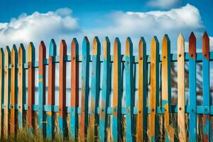 ein bunt Zaun mit Blau Himmel und Wolken im das Hintergrund. KI-generiert foto