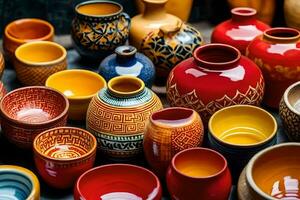 viele bunt Keramik Vasen sind angezeigt auf ein Tisch. KI-generiert foto