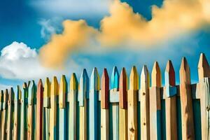 ein bunt hölzern Zaun mit ein Blau Himmel im das Hintergrund. KI-generiert foto