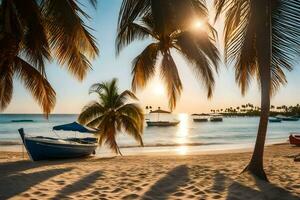 ein Boot sitzt auf das Strand mit Palme Bäume im das Hintergrund. KI-generiert foto