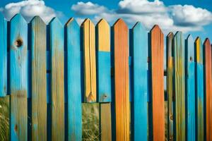 bunt hölzern Zaun mit Blau Himmel und Wolken. KI-generiert foto