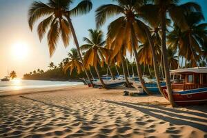 ein Strand mit Palme Bäume und Boote auf das Sand. KI-generiert foto