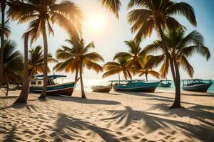 Boote auf das Strand beim Sonnenuntergang mit Palme Bäume. KI-generiert foto