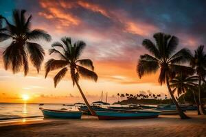 Boote auf das Strand beim Sonnenuntergang. KI-generiert foto