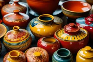 ein Sammlung von bunt Keramik Vasen. KI-generiert foto