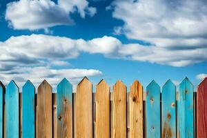 ein hölzern Zaun mit Blau Himmel und Wolken. KI-generiert foto