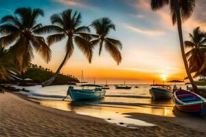 Boote auf das Strand beim Sonnenuntergang mit Palme Bäume. KI-generiert foto