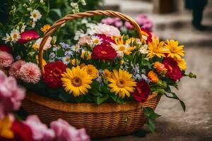 ein Korb voll von bunt Blumen auf das Bürgersteig. KI-generiert foto