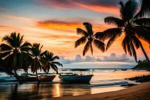 Boote auf das Strand beim Sonnenuntergang mit Palme Bäume. KI-generiert foto