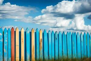 ein Blau Zaun mit ein Blau Himmel und Wolken im das Hintergrund. KI-generiert foto