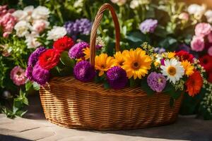 ein Korb gefüllt mit bunt Blumen auf ein Terrasse. KI-generiert foto