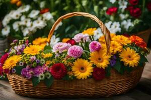 ein Korb gefüllt mit bunt Blumen auf ein hölzern Tisch. KI-generiert foto