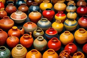 viele anders farbig Vasen sind vereinbart worden zusammen. KI-generiert foto