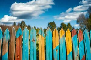 bunt hölzern Zaun mit Blau Himmel und Wolken. KI-generiert foto