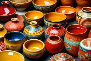 ein Sammlung von bunt Keramik Töpfe und Vasen. KI-generiert foto