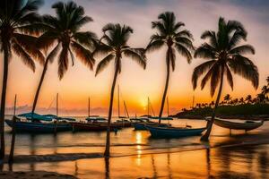 Boote sind angedockt auf das Strand beim Sonnenuntergang. KI-generiert foto