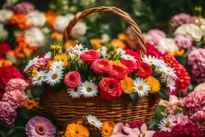 ein Korb voll von Blumen auf ein grasig Feld. KI-generiert foto