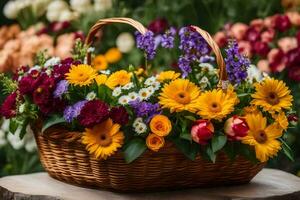 ein Korb gefüllt mit bunt Blumen auf ein hölzern Tisch. KI-generiert foto