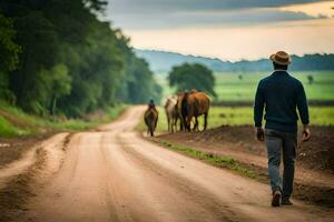 ein Mann Gehen Nieder ein Schmutz Straße mit Pferde. KI-generiert foto