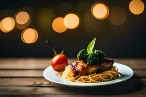 ein Teller von Spaghetti und Fleisch auf ein hölzern Tisch. KI-generiert foto