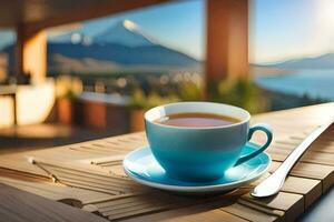 ein Tasse von Tee auf ein hölzern Tabelle mit ein Aussicht von das Berge. KI-generiert foto