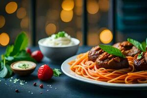 Spaghetti mit Fleischklößchen und Soße auf ein Platte. KI-generiert foto