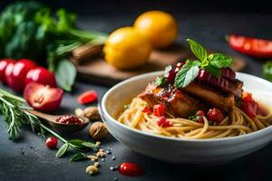 Spaghetti mit Fleisch und Gemüse auf ein dunkel Tisch. KI-generiert foto