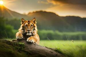 ein Tiger ist Sitzung auf ein Log im das Gras. KI-generiert foto