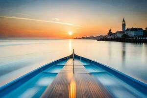 ein Boot ist Segeln im das Wasser beim Sonnenuntergang. KI-generiert foto