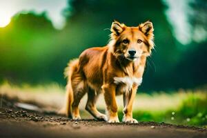 ein braun Hund Stehen auf ein Schmutz Straße. KI-generiert foto