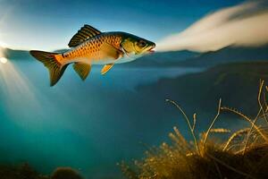 ein Fisch fliegend Über das Ozean mit das Sonne leuchtenden. KI-generiert foto