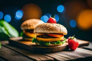 zwei Hamburger mit Erdbeeren auf oben von ein hölzern Tafel. KI-generiert foto