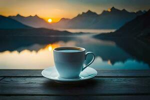 Kaffee Tasse auf das Tabelle mit Berge im das Hintergrund. KI-generiert foto