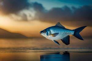 ein Fisch ist fliegend Über das Wasser beim Sonnenuntergang. KI-generiert foto