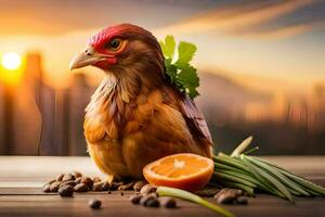 ein Hähnchen mit ein Orange Scheibe und Bohnen auf ein Tisch. KI-generiert foto