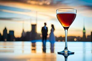 ein Glas von Wein auf ein Dach mit ein Stadt im das Hintergrund. KI-generiert foto