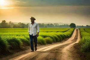 ein Mann Gehen im ein Reis Feld beim Sonnenuntergang. KI-generiert foto