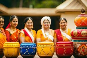 ein Gruppe von Frauen im bunt Saris Stehen Nächster zu bunt Töpfe. KI-generiert foto