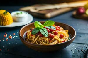 Spaghetti mit Tomaten und Basilikum auf ein hölzern Tisch. KI-generiert foto