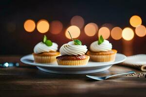 drei Cupcakes auf ein Teller mit ein Gabel und Löffel. KI-generiert foto