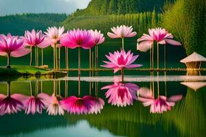 Rosa Lotus Blumen sind reflektiert im das Wasser. KI-generiert foto