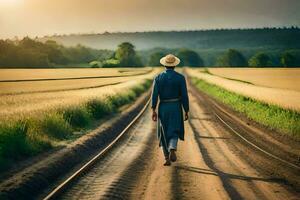 ein Mann im ein Hut Spaziergänge Nieder ein Schmutz Straße. KI-generiert foto