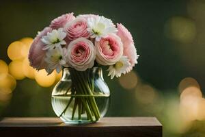 ein Vase gefüllt mit Rosa Blumen auf ein Tisch. KI-generiert foto