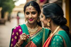 zwei Frauen im traditionell Saris sind lächelnd. KI-generiert foto