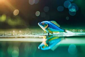 ein Fisch ist Stehen auf das Wasser mit ein hell Licht hinter Es. KI-generiert foto